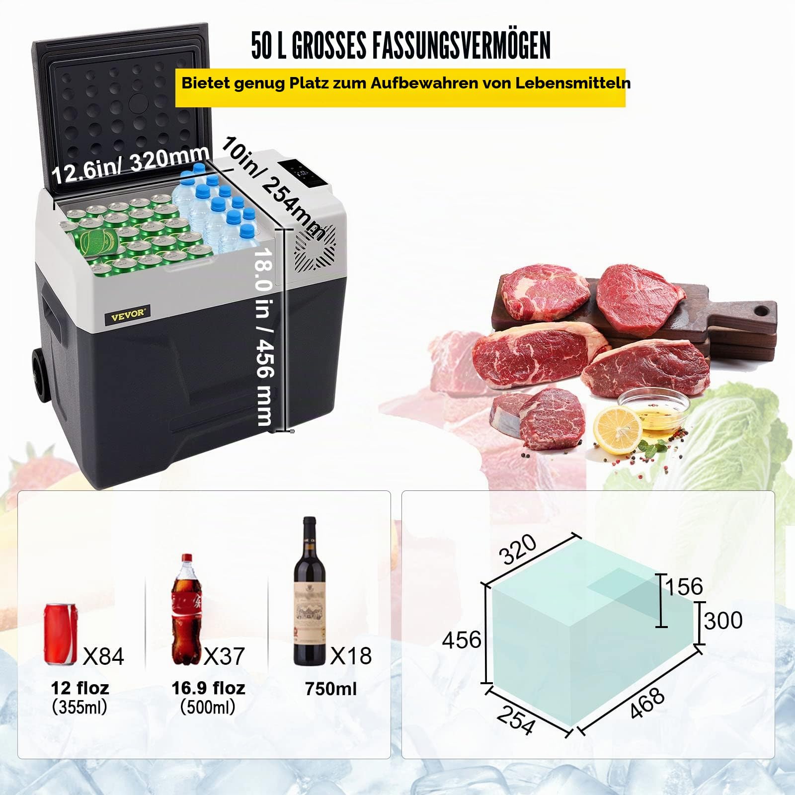 VEVOR Tragbare Thermoelektrische Kühlbox 50 L Reise-Kühlschrank für Auto Tragbare elektrische Reise Auto Mini Kühlschrank für Getränke mit LCD