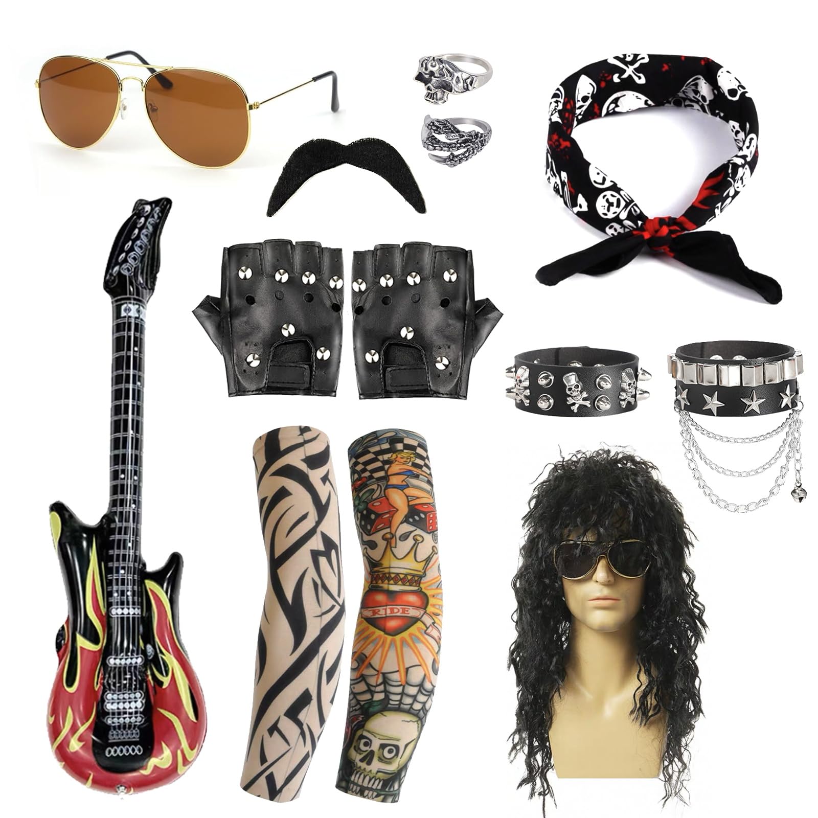 10 Pcs Rocker Costume Mens Wigs Black Curls Disco Costume Mens Party Costume Men with Wigs Sunglasses Beards