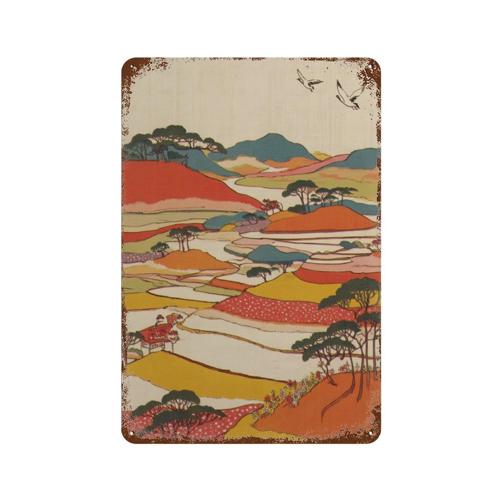 xiaoxiaoshen Japanese Landscape Colourful Rice Field Traditional Asian Nature Scenic Farmland Wall Decor Art Metal Tin Poster Modern Home Decor Art Home Bar Shop Decorations Vintage Sign 30x20cm