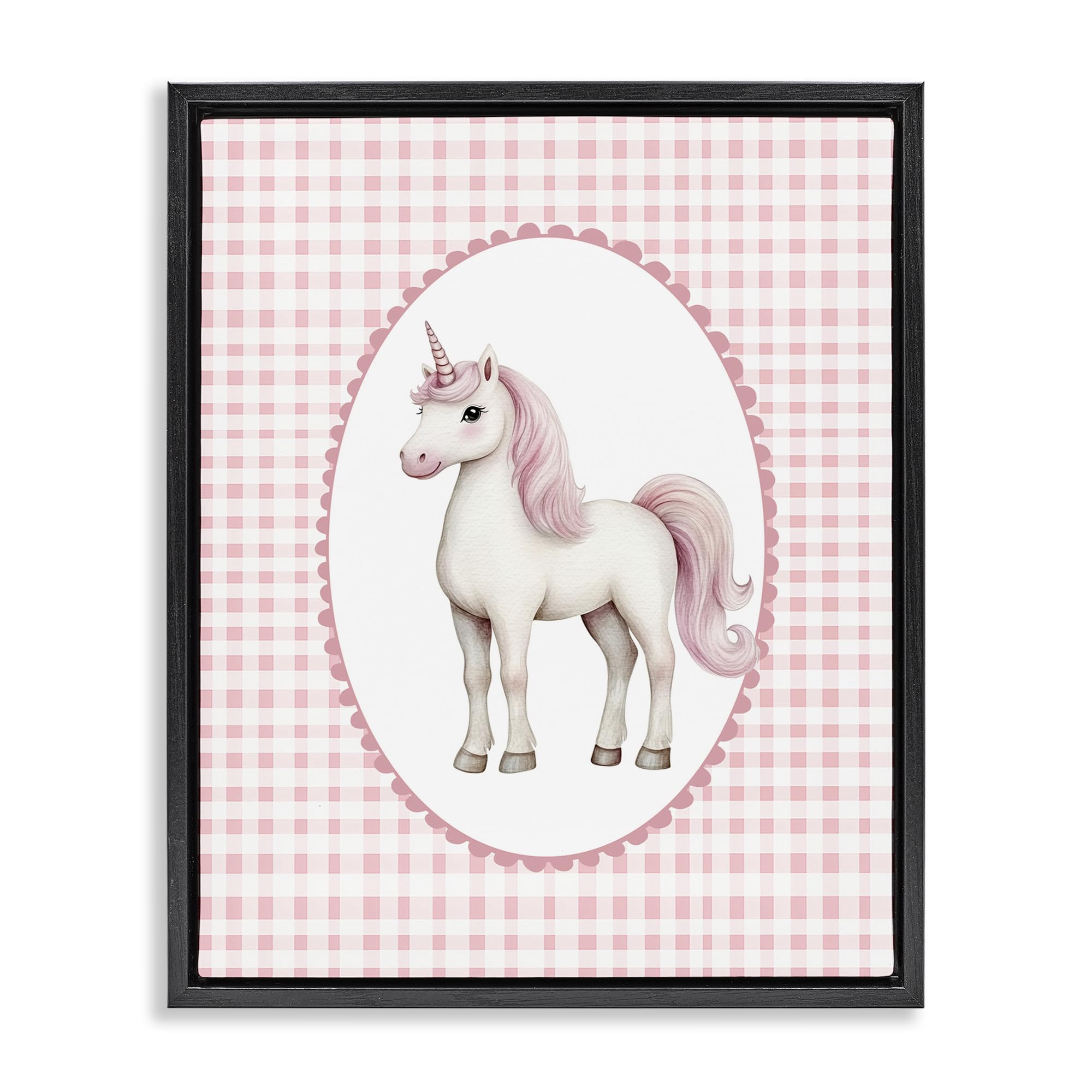 Stupell Industries 'Pink Gingham Unicorn', Floating Frame Canvas Art, Black, 25 x 31 Inches, Easy to Hang and Sturdy, Made in USA, by Christine Simpson Art