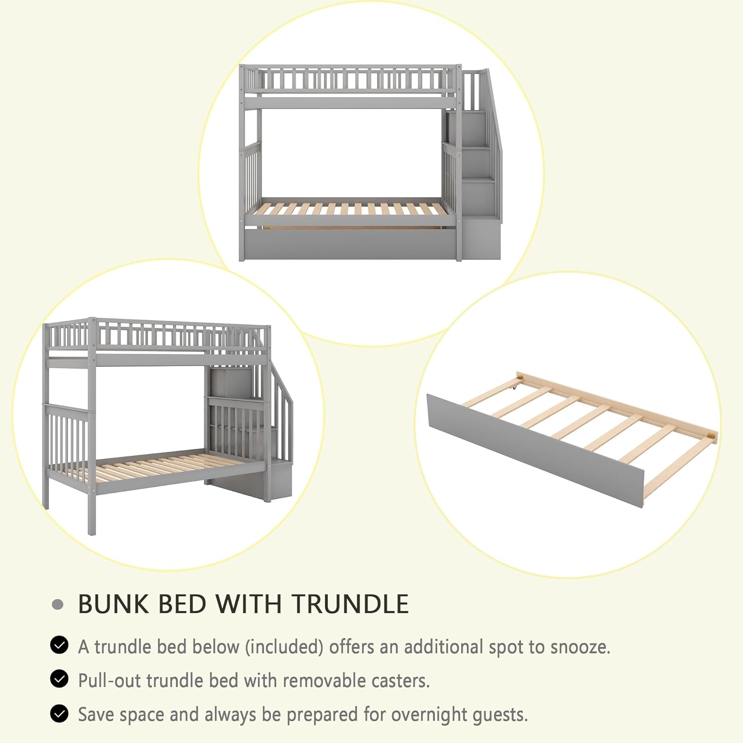 Merax Twin Over Twin Bunk Bed with Trundle, Storage Staircase and Full Length Guardrail, Solid Wood Stairway Bunk Bed, No Spring Box Needed (Grey)