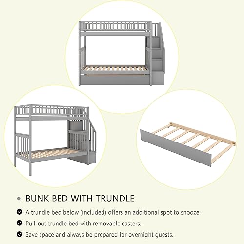 Miniatura 137 de Merax Litera de escalera individual sobre matrimonial con nido, escalera de almacenamiento y barandilla de longitud completa, litera de