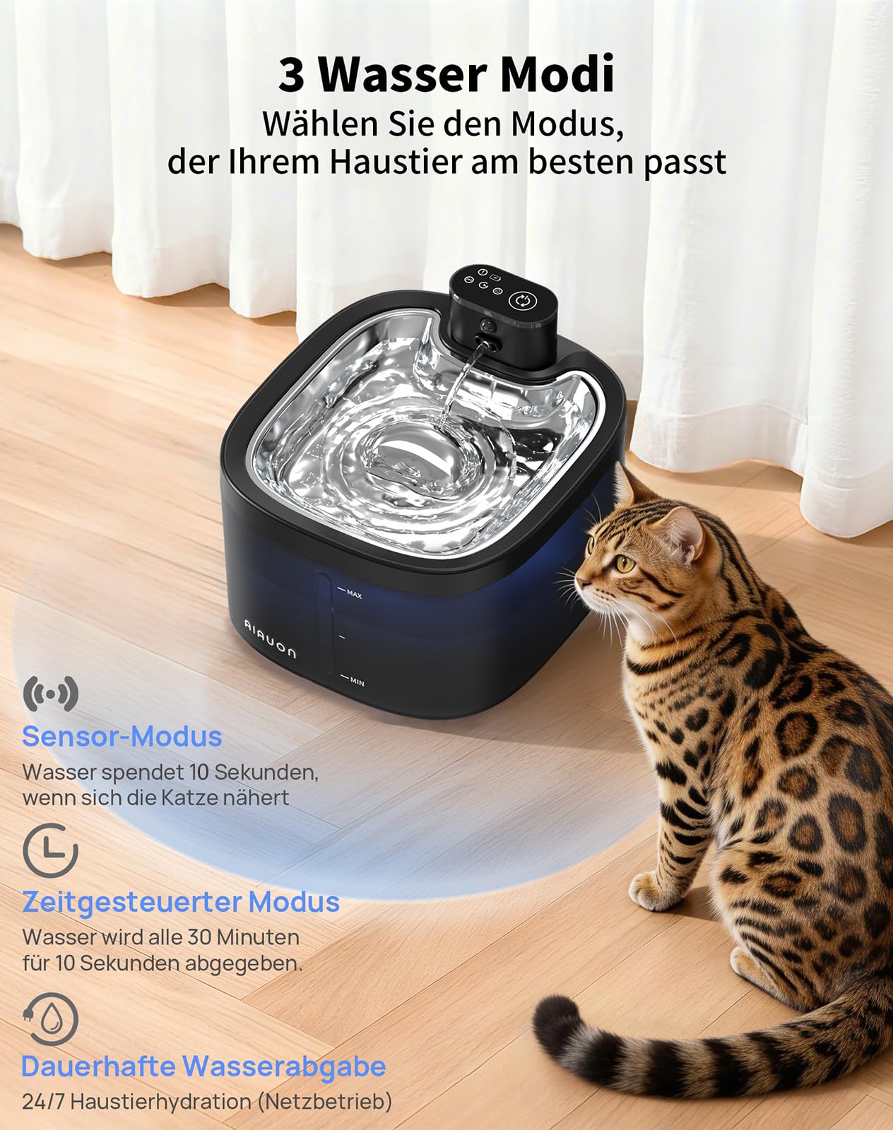 Katzenbrunnen kabellos 118oz/3,5L Drahtlos & Ultra-leise mit Sensor- und Zeitmodus,Edelstahlpalette, batteriebetriebener Trinkbrunnen für Katze,Trinkbrunnen für Katze (3.5L Katzenbrunnen+2Filter)