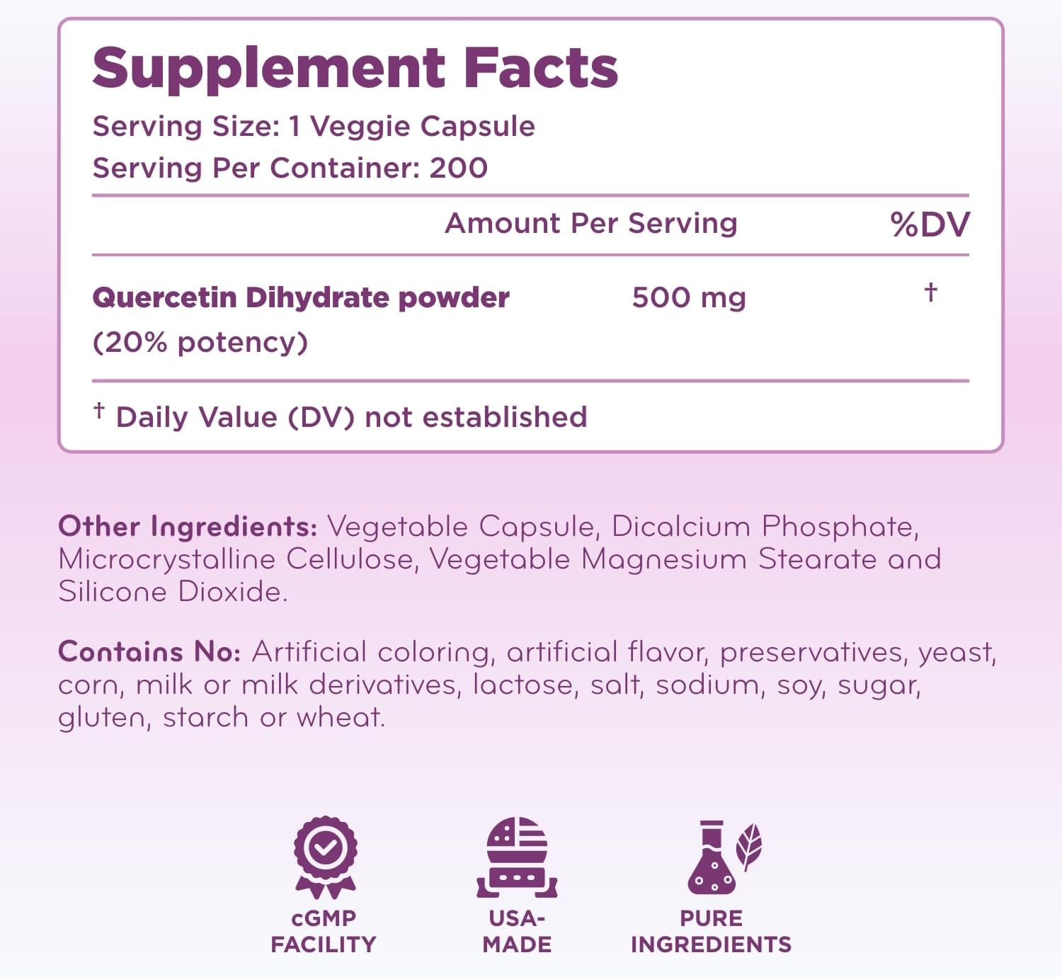 High Strength Quercetin 500mg Capsules - Quercetin Dihydrate Potent Flavonoid Antioxidant and Nutraceutical for Heart and Immune Support - Vegan Friendly - Made in a cGMP US Lab (200 Servings) - Image 8