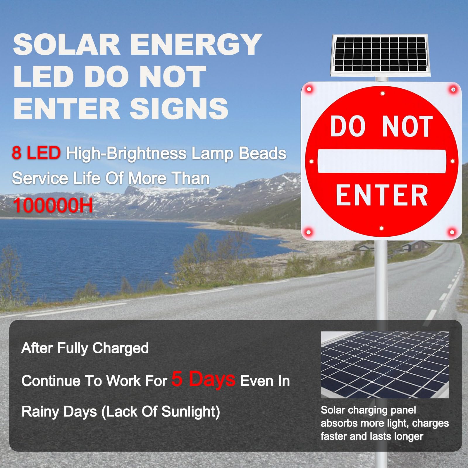 Cartello Solare Divieto di Accesso in Alluminio Rifrangente – 8 LED Ad Alta Potenza, Impermeabile Ip65, visibilità Giorno/Notte 0,8 Km, Ip65, Pellicola Rifrangente Grado Tecnico 30in