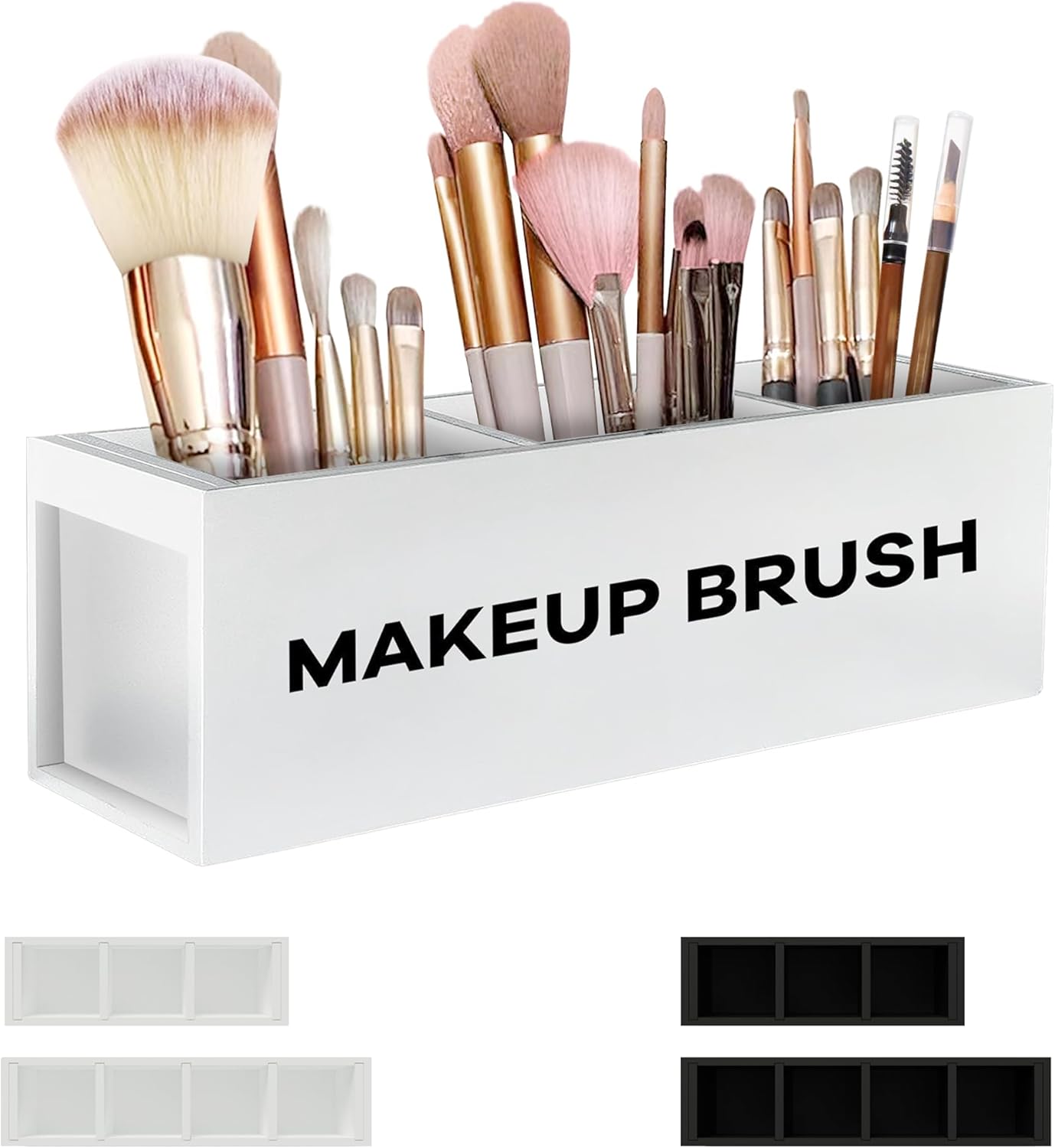 Suli Large Makeup Brush Holder Organizer, Wooden Cosmetic Brushes Storage with 4 Slots, Eyeliners Display Case for Vanity Desktop Bathroom Countertop -White