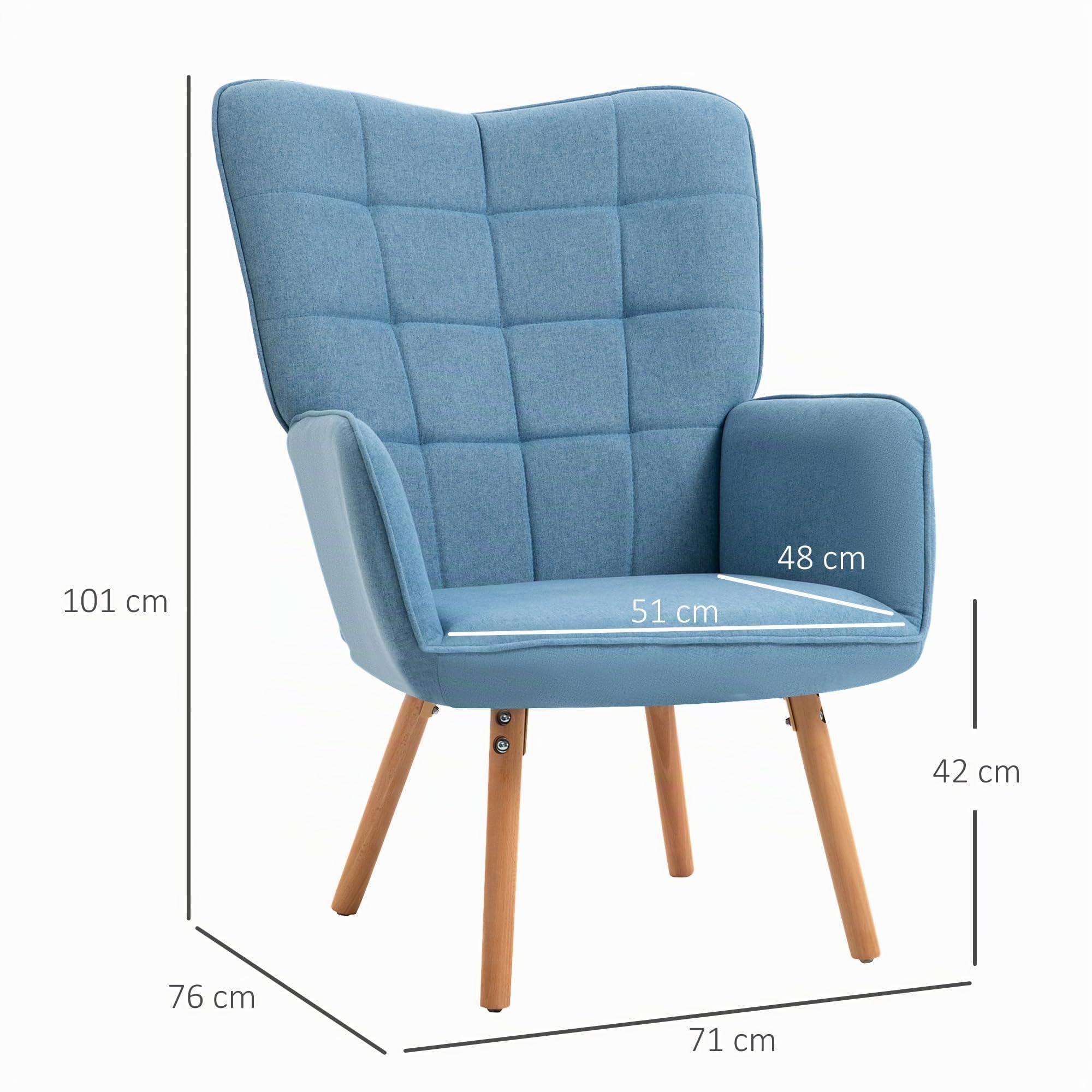 HOMCOM Sillón de Salón Moderno Butaca con Respaldo Alto 71x76x101 cm Azul | Butaca de Dormitorio, Reposabrazos, Tela de Lino, Patas de Madera, para Sala de Estar