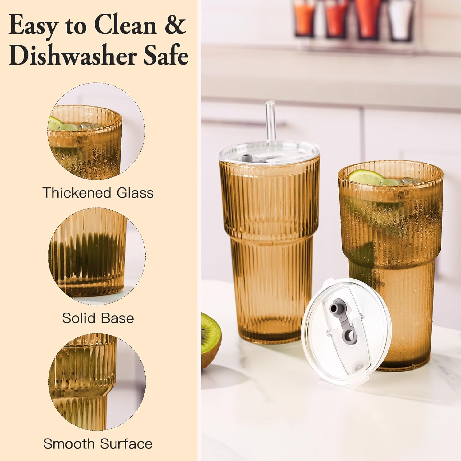 4PCS Amber Ribbed Glass Cups with Lids and Straws, 20oz Vintage Drinking Glasses, Aesthetic Iced Coffee Cups, Glass Tumbler for Boba, Beer, Tea, Cocktails, Ribbed Glassware Set,Amber Brown Glass Cup - Image 5