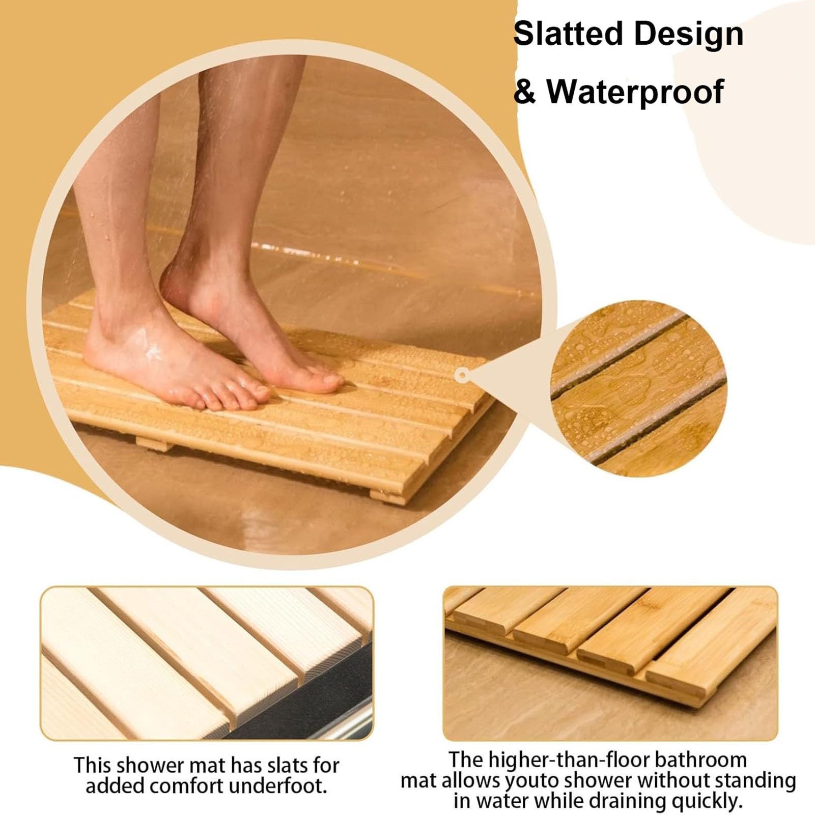 Alfombrilla de baño de madera maciza con almohadillas antideslizantes y asa para ducha y bañera, tabla de drenaje impermeable
