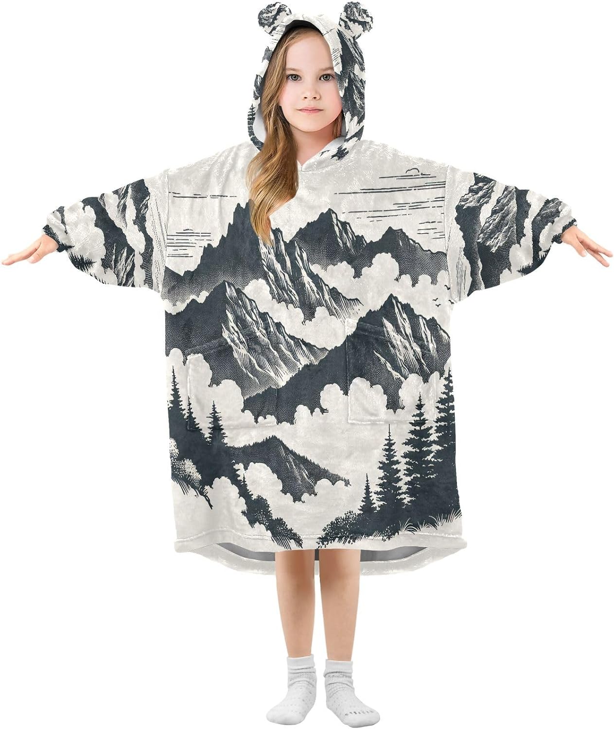 Kigai Watercolor Mountain Wearable Blanket Hoodie for Kids Oversized Hooded Blanket Warm & Cozy Sweatshirt with Pockets