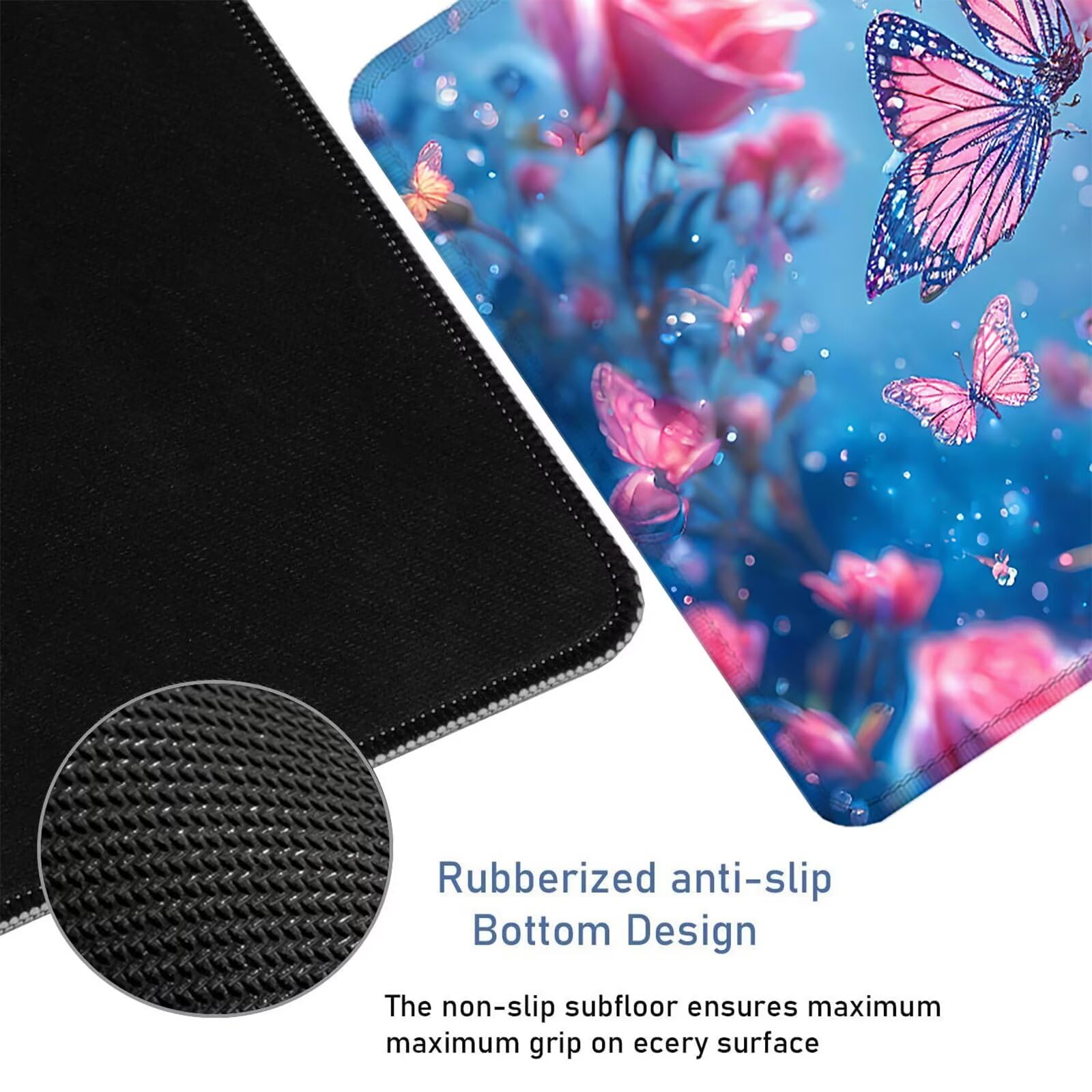Różowa podkładka pod mysz XXL 1200 x 600 x 5 mm, duża podkładka pod mysz w kwiaty ze zszytymi krawędziami, bardzo duża podkładka pod mysz z antypoślizgową gumową podstawą, dekoracja biurowa, prezent H