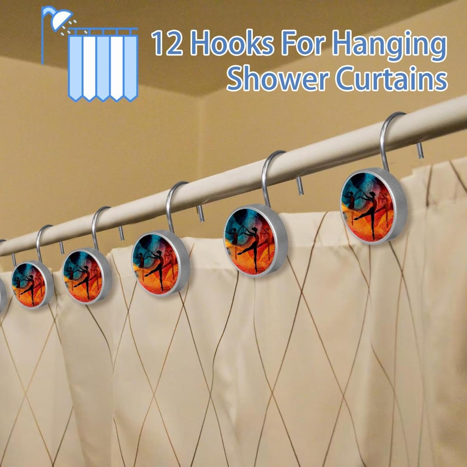 12PCS Rhythmic Gymnastics Colorful (2) Shower Curtain Hooks Metal Rust Resistant Decorative Shower Curtain Hooks Bathroom Decorations