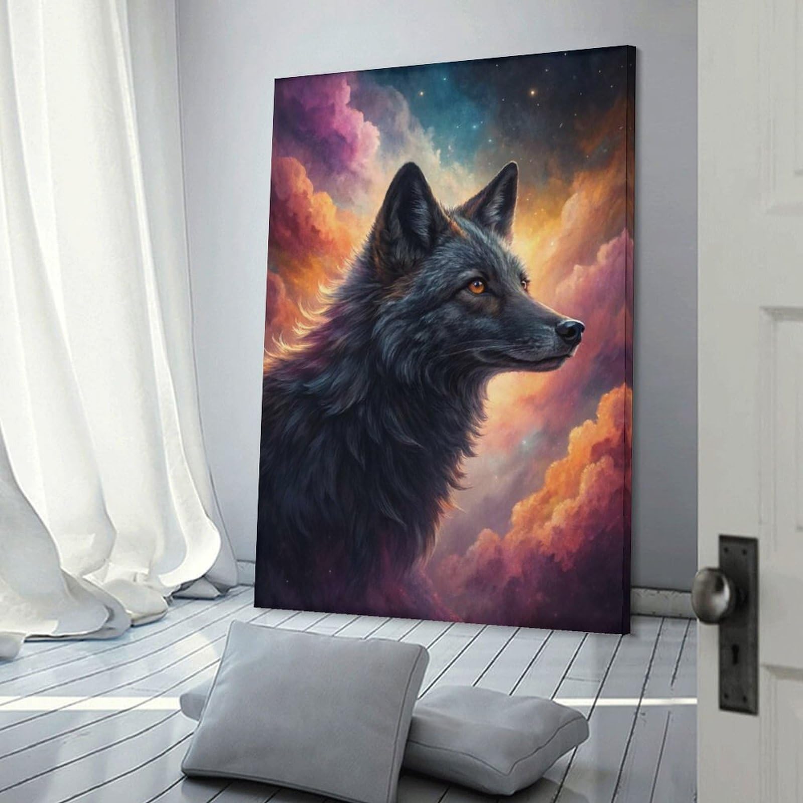 Junmoney Black Wolf in Cosmic Clouds Canvas Art Print, 24x36inch(60x90cm), for Wall Displays, Bedrooms Or Room Updates, Home Wall Art for Statement Displays