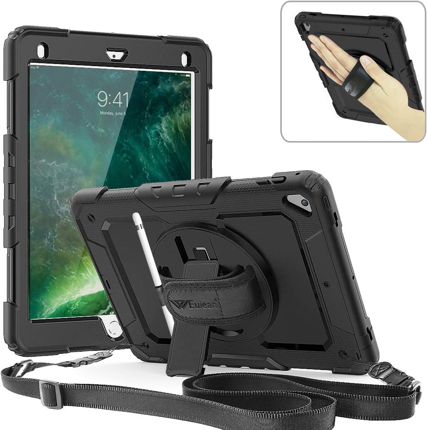 Best Seller Weuiean Case for iPad Air 2 (2014), 360 Degrees Rotate Hand Strap Case for iPad Air 2 A1566,A1567 9.7 Inch Case - Black