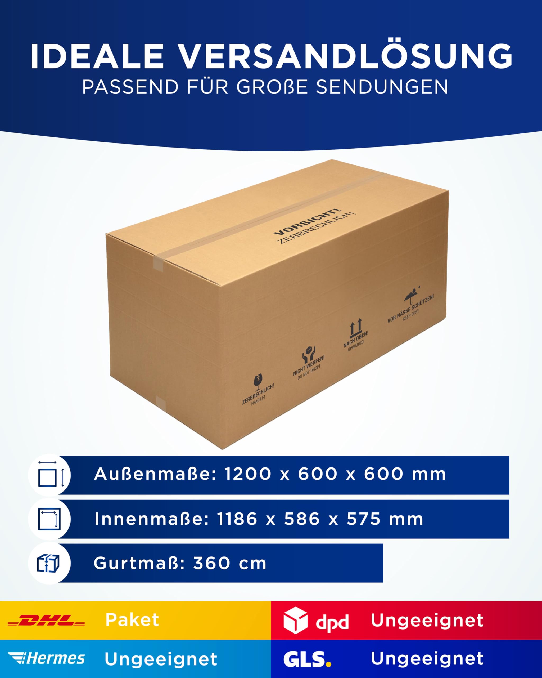 KK Verpackungen Versandkartons 1200 x 600 x 600 mm Braun 2-wellig (Innenmaß 1186 x 586 x 575 mm) | 150 Stück, Große Faltkartons Kartons geeignet für Versand als DHL Paket (KK01)