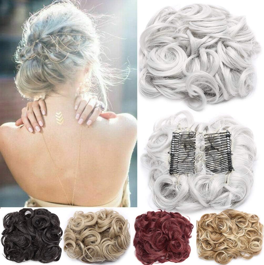 Short Messy Curly Dish Hair Bun Extension Easy Stretch hair Combs Clip in Ponytail Extension Scrunchie Chignon Tray Ponytail Hairpieces Silver Gray