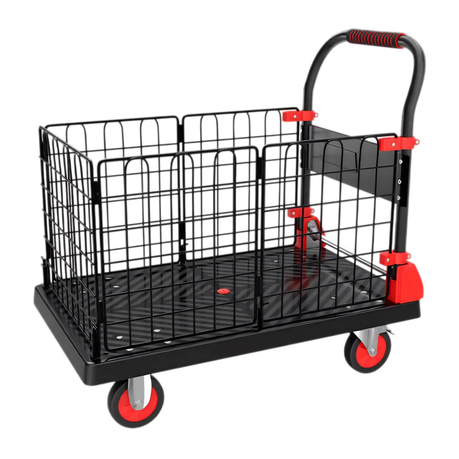 Carrello con piattaforma resistente con recinzione in filo di acciaio rimovibile, capacità di carico 200 kg, ruote silenziose in TPR per un facile spostamento e stoccaggio, ideale per magazzini e