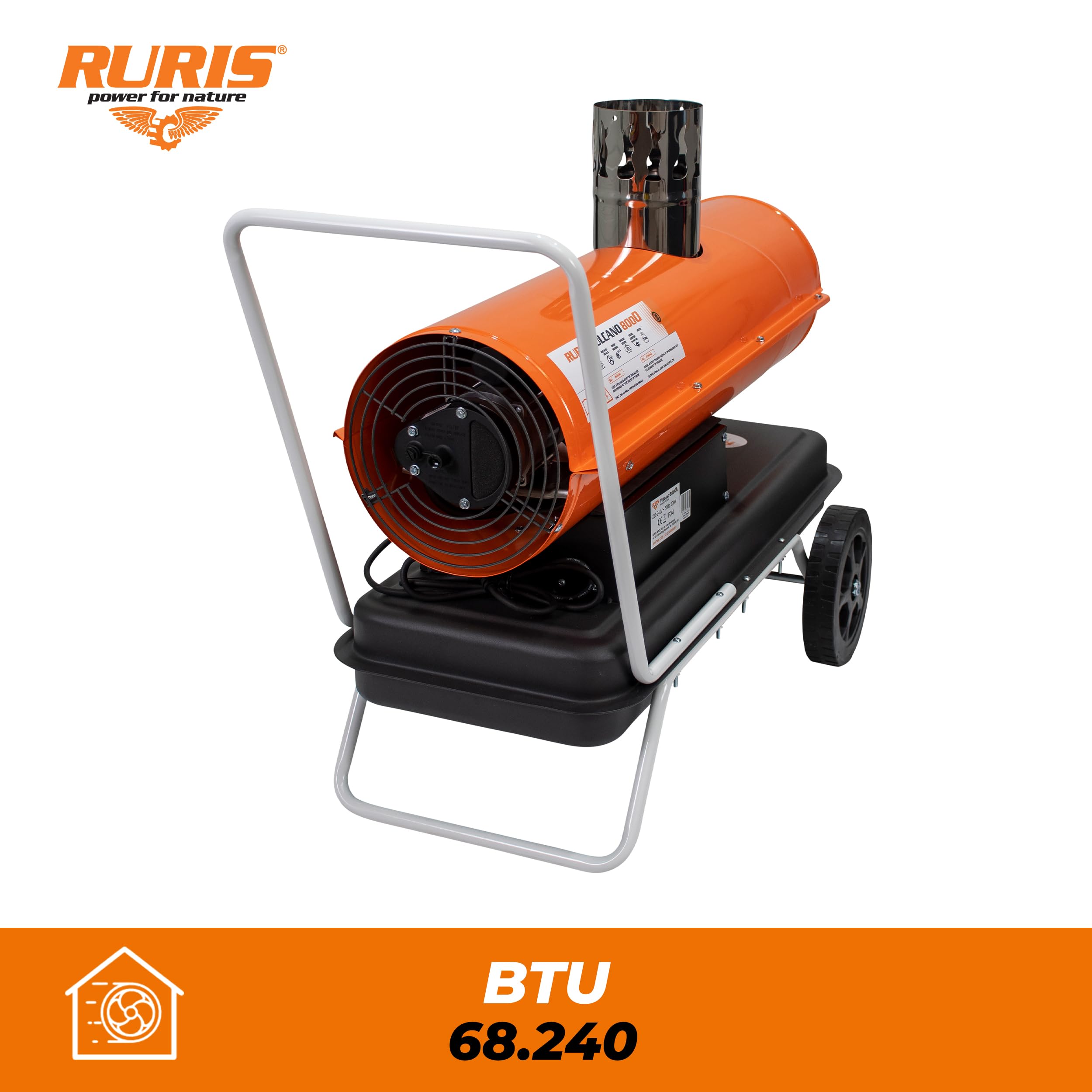 RURIS VULCANO 8000 20 kW, 68 240 BTU, regulowany termostat, zbiornik 24 l, mobilne ogrzewanie przemysłowe IPX4, 600 m³/h