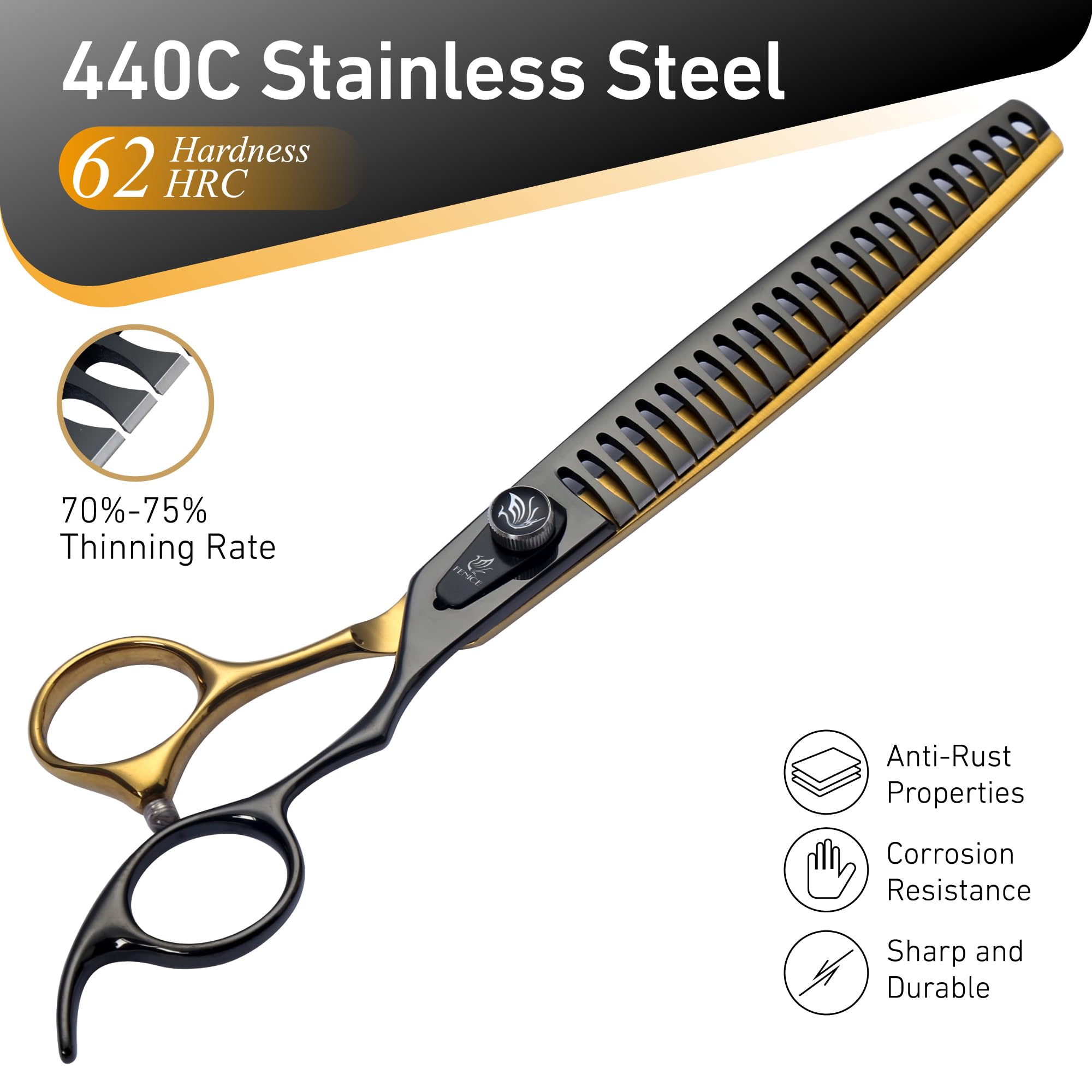20,3 cm schwarze Fellschere für Hunde, goldene Chunker-Hundemischschere mit ergonomischem Griff und Musterschraube, Haustierpflege, dünnere Mixerschere, langlebig und scharf, 440 C