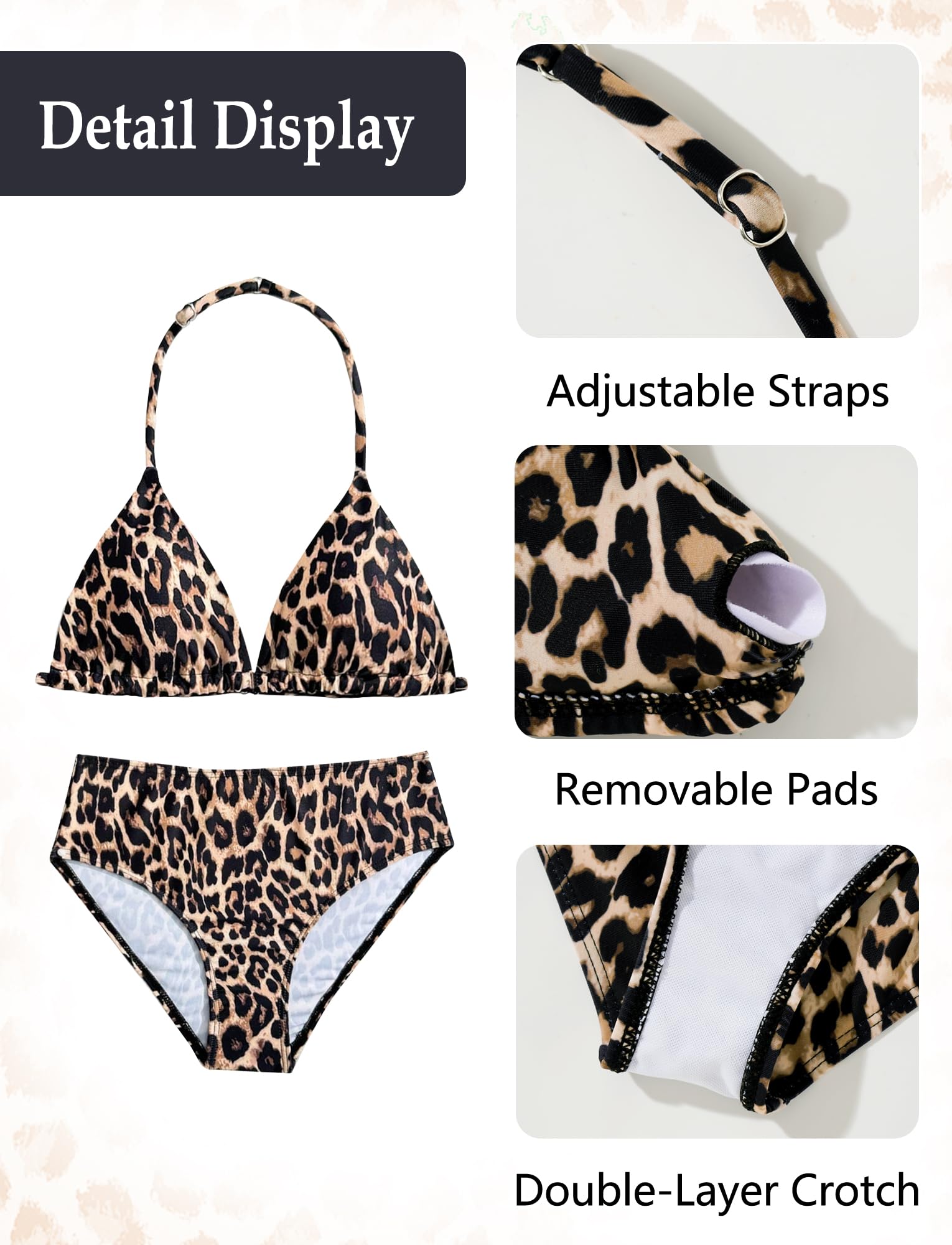 SEAUR Mädchen Bikini Set Leopardenmuster Blumen Triangel Bikini 3-teilig Badeanzug mit Rock Bademode Swimsuit für Kinder 8-12 Jahre