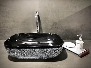 HISRE Table Top Wash Basin For Bathroom | Over Counter Top Wash Basin For Living Room | Washbasin Countertop | Tabletop Ceramic Bathroom Kitchen Sink (45 x 33 x 13 CM) (Black - Stars Design)
