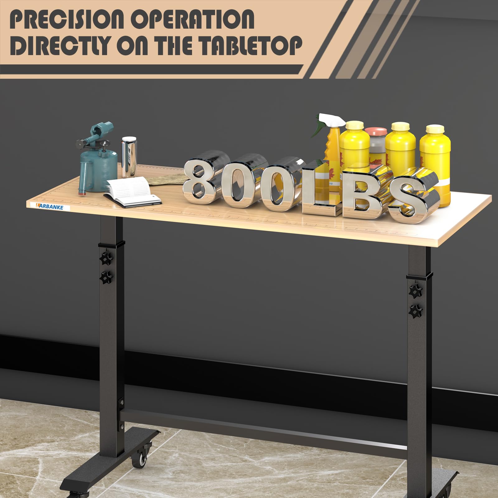 LARBANKE Établi réglable en hauteur (110 cm) avec échelle de précision, table de travail mobile, avec 4 roulettes universelles silencieuses et pieds, réglable sur 6 niveaux (81-106 cm), pour garage et