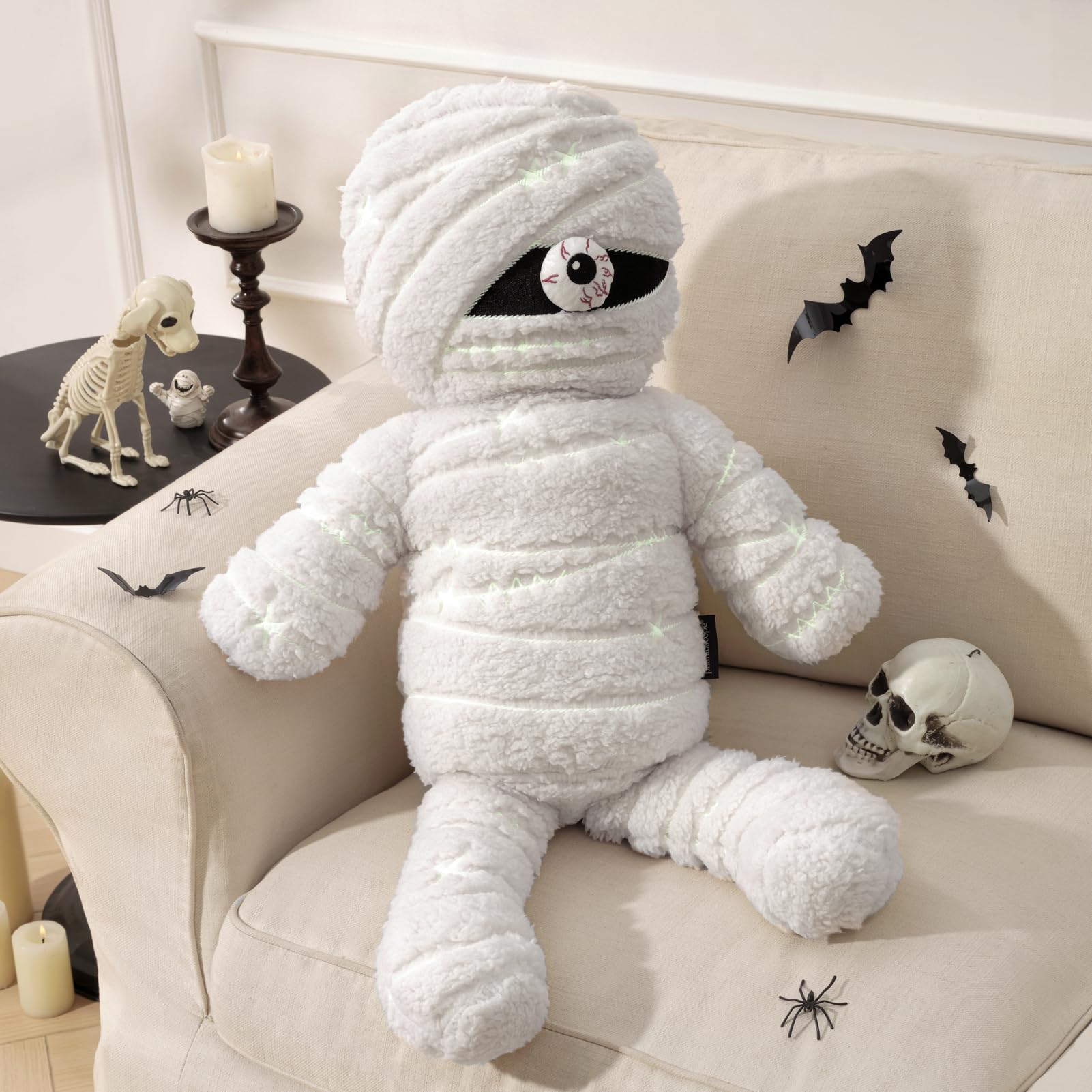 phantoscope happy halloween shaped throw pillow, mummy shaped pillow with magnetic eye, soft sherpa fleece embroidery halloween decorative cushion for couch, white 29.5 x 14 in