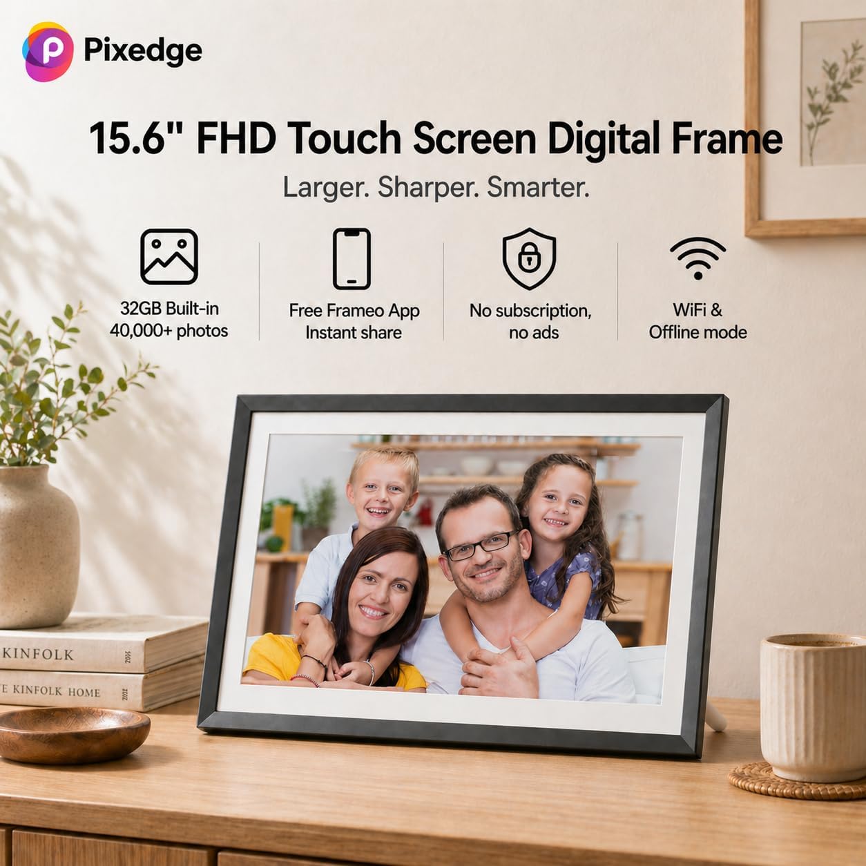 15.6 Inch WiFi Digital Photo Frame, Frameo Smart Picture Frame 32GB Large Storage, 1080P IPS FHD Touch Screen, Dual Use Wall/Tabletop, Wireless Photo Video Share, for Family Birthday