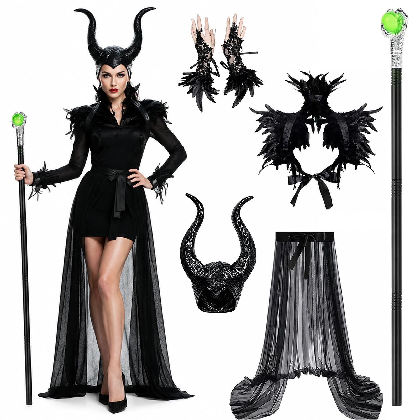 Costume da Maleficent per bambine, da regina cattiva, con corna e mantello con ali nere, senza maniche, costume da strega cattiva, costume da diavolo, per Halloween, carnevale, cosplay, feste a tema
