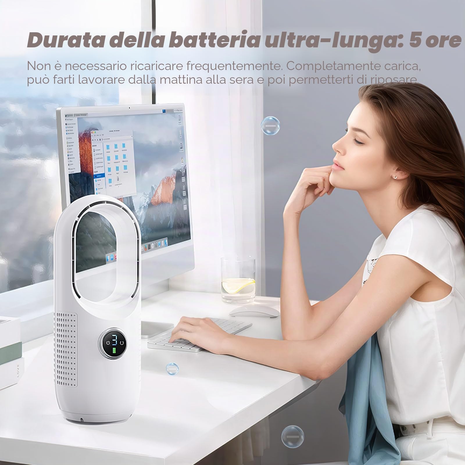 JOPWUE Ventilatore senza pale silenzioso senza fili,purificatore d'aria,ventilatore colonna,controllo tattile,3 velocità, oscillazione 80°,4000Mah,ricarica USB,per ufficio, soggiorno, camera da letto