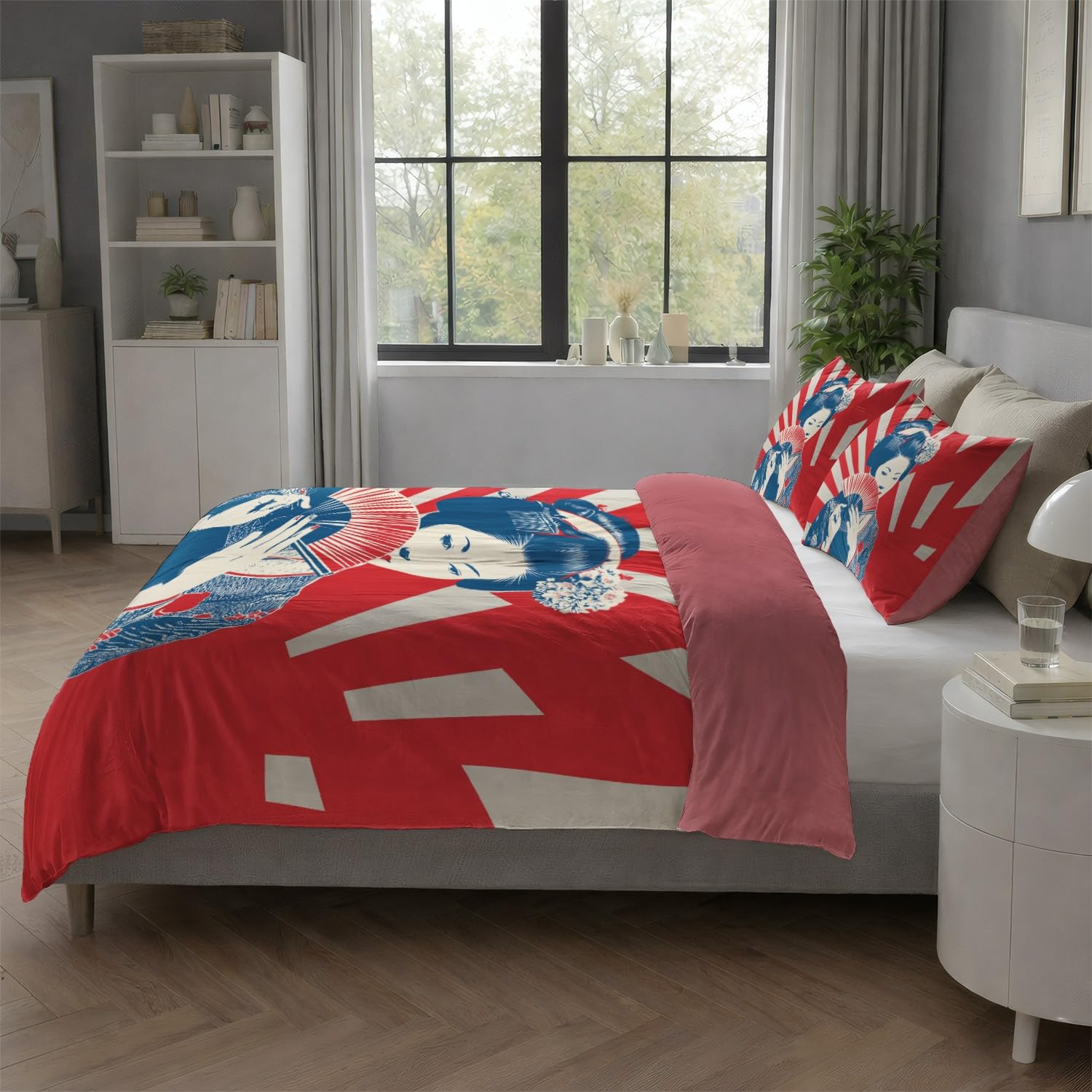 Genérico Red Blue Duvet Cover 260 x 240 cm Abstract Fantasy Japanese Style Geisha - 3-częściowy zestaw z miękkiej i oddychającej mikrofibry - przeciwzmarszczkowy, zamek błyskawiczny