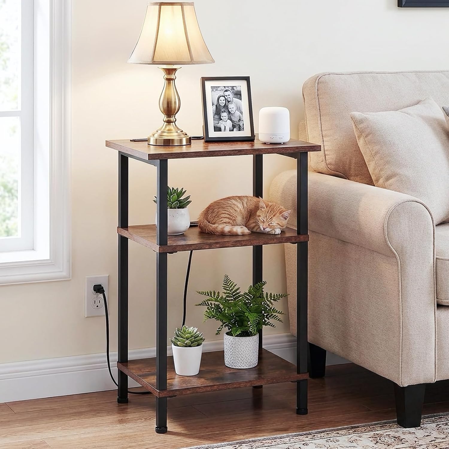 AMHANCIBLE Side Table with Charging Station, End Tables with USB Ports & Outlets, Small Nightstands Set of 2 with 3-Tier Storage Shelf for Bedroom, Living Room, Brown HET035BR