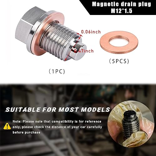 Miniatura 2 de Tapón magnético de drenaje de aceite de aluminio M12 x 1.5, perno de tuerca de drenaje de sumidero de acero inoxidable con 5 arandelas de cobre,