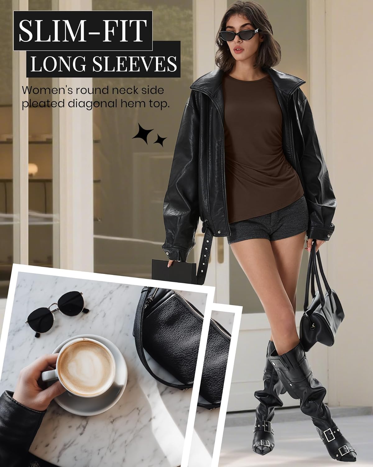 3 Pack Long Sleeve Shirts for Women, Crew Neck Asymmetrical High Low Split Ruched Cute Y2K Going Out Workout Tops(Black, White, Brown,XX-Large) - Image 5