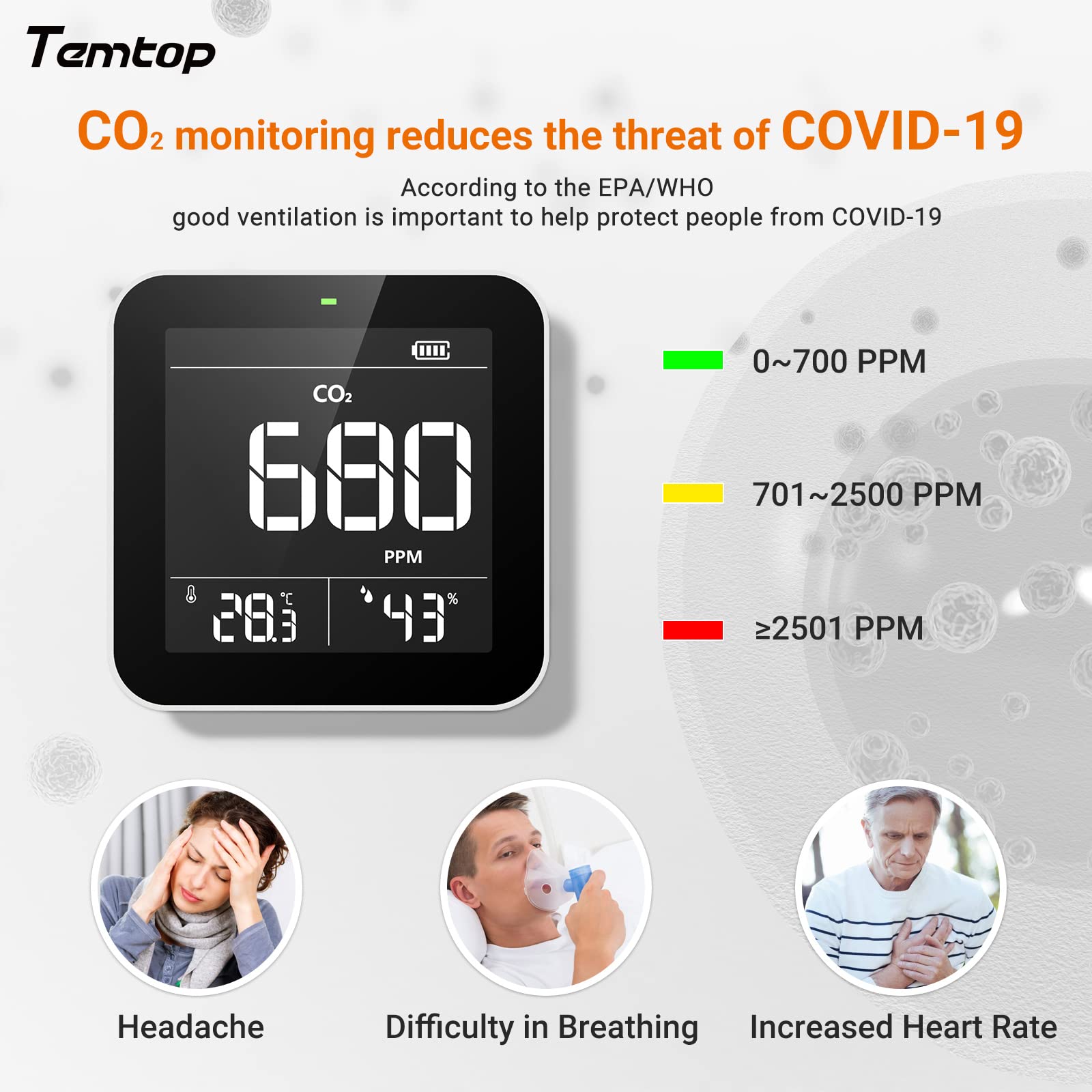 Temtop C10 - Medidores de Calidad de Aire Inteligentes, Detector de CO2, Detector de Calidad del Aire, Monitor de CO2, Detector de dióxido de Carbono Interior, probador de CO2