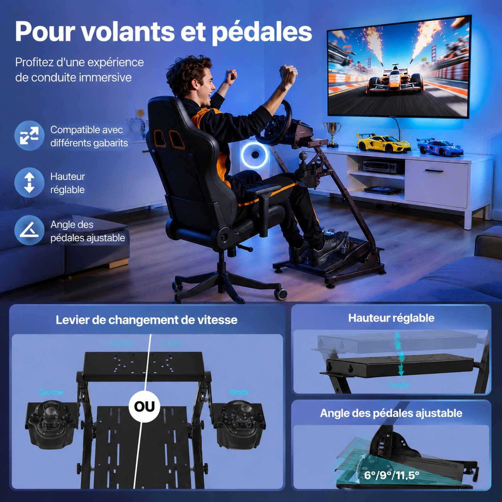 Support de volant de course pliable et réglable avec support pour pédalier, cockpit de simulation de conduite pour jeu de course, pédales non incluses