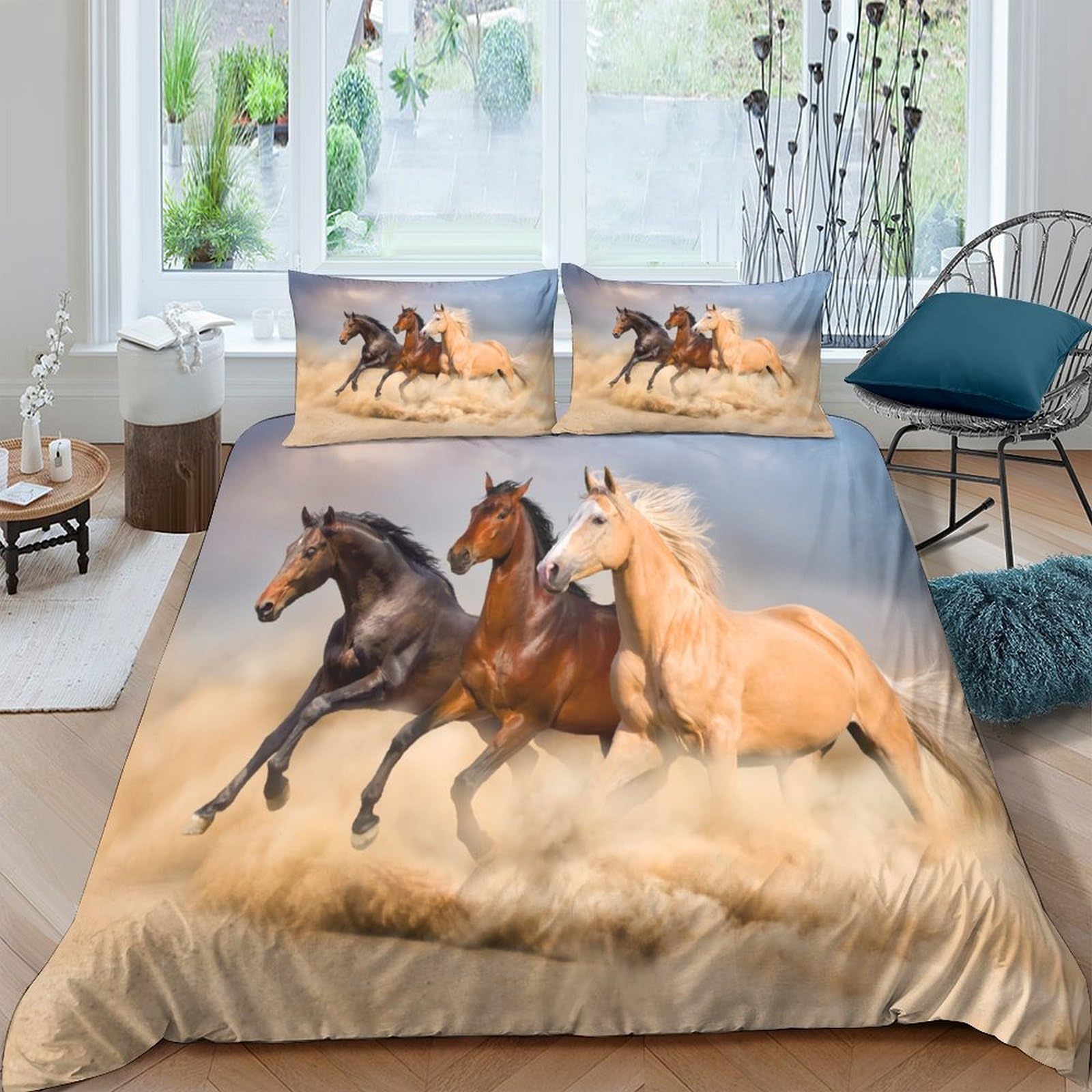 GPLZQXKJNH 3D Printed Running Horses Duvet Cover Microfiber Soft Breathable Wild Horse Bedding Set with 2 Pillowcases for Bedroom Decor Single（135x200cm）