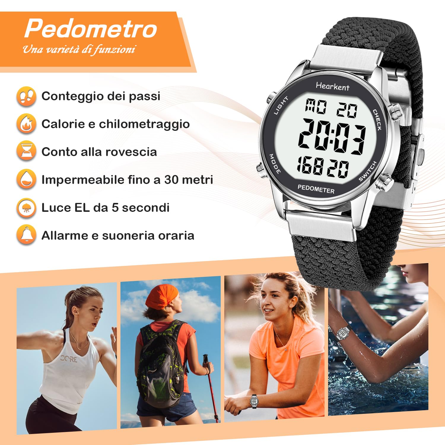 Hearkent Orologio contapassi pedometro da donna, goderti passi, chilometraggio, calorie, conto alla rovescia, sveglia e altre funzioni. Nessuna app, ricarica richiesta o bluetooth, 2401
