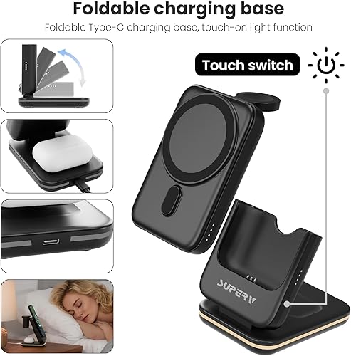 Miniatura 4 de SUPERV Estación de carga inalámbrica 4 en 1 banco de energía extraíble de 5000 mAh, soporte de carga plegable, batería magnética portátil para