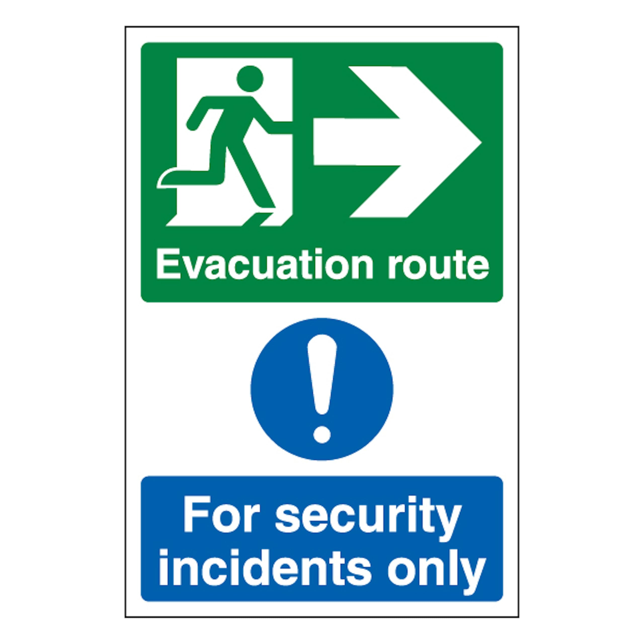 V Safety Evacuation Route Arrow Right/Security Incidents Only - Portrait 200 x 300mm - 2mm Rigid Plastic Safety Sign