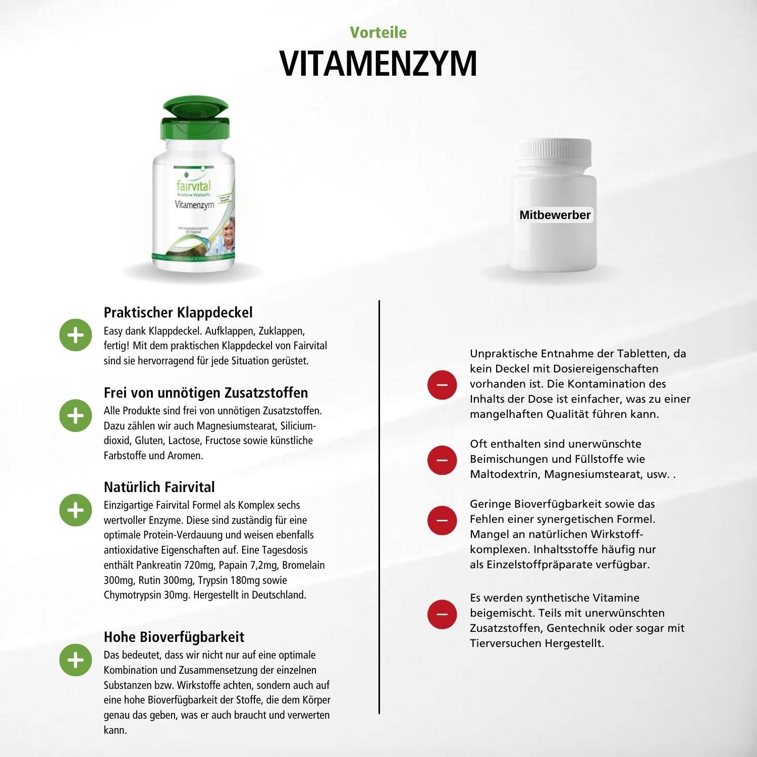 fairvital Verdauungsenzyme, HOCHDOSIERT, 500 Tabletten, schluckfreundlich, Enzym-Komplex mit Pankreatin, Papain, Bromelain, Rutin, Trypsin und Chymotrypsin, Vegan