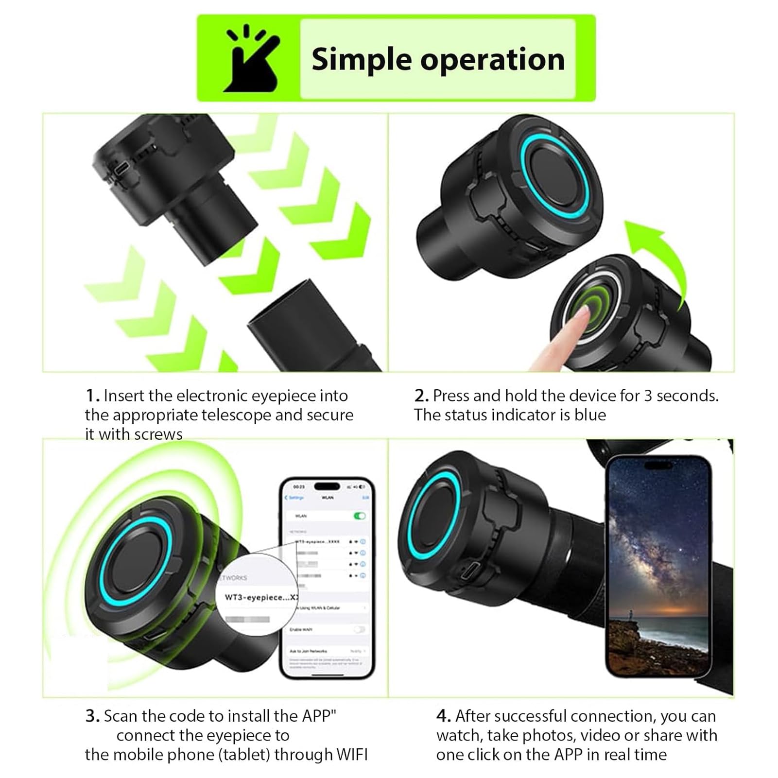 WiFi Telescope Eyepiece Camera, 4K Video Recording & 4K Video Recording Photos for 1.25 Inch Monocular, Binocular, Astronomical Telescope, CMOS 1/2.8 inch sensor