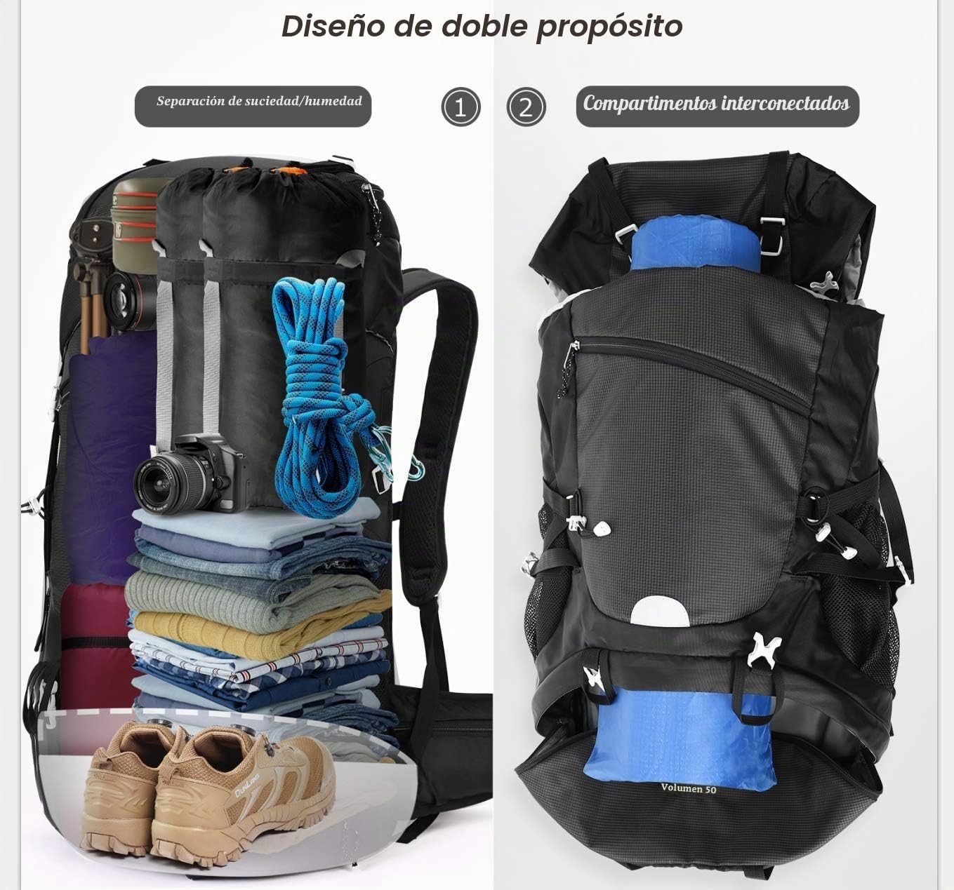 HOMIEE Mochila de Senderismo 50-60L Impermeable con Cubierta de Lluvia para Trekking Viaje