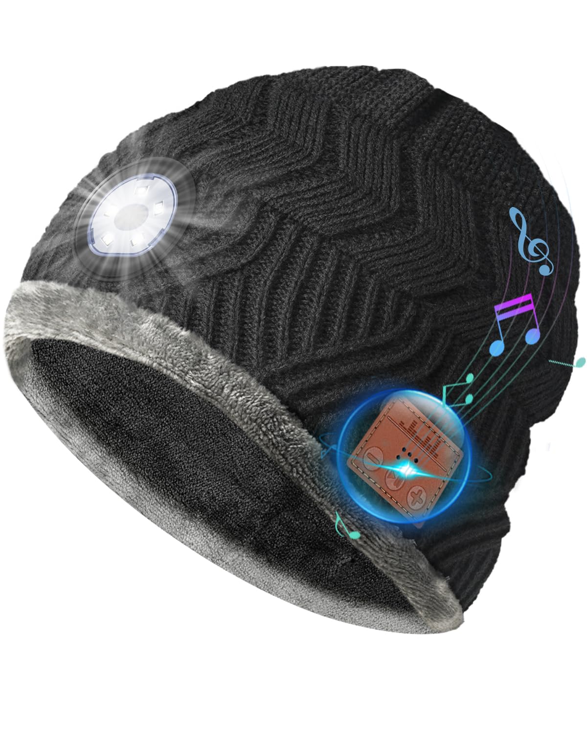Photo 1 of Bluetooth Beanie with a Light, Unisex USB Rechargeable Winter Hat with 4 LED Headlamp & Wireless Headphones, Unique Christmas Stocking Stuffers & Birthday Gifts for Men, Husband, Teens Dark Black