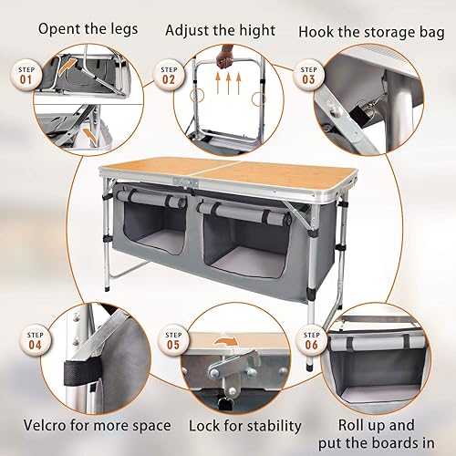 Miniatura 4 de Mesa plegable de aluminio para acampar con patas ajustables para viajes al aire libre, playa, patios, barbacoas, fiestas y picnic mesa plegable