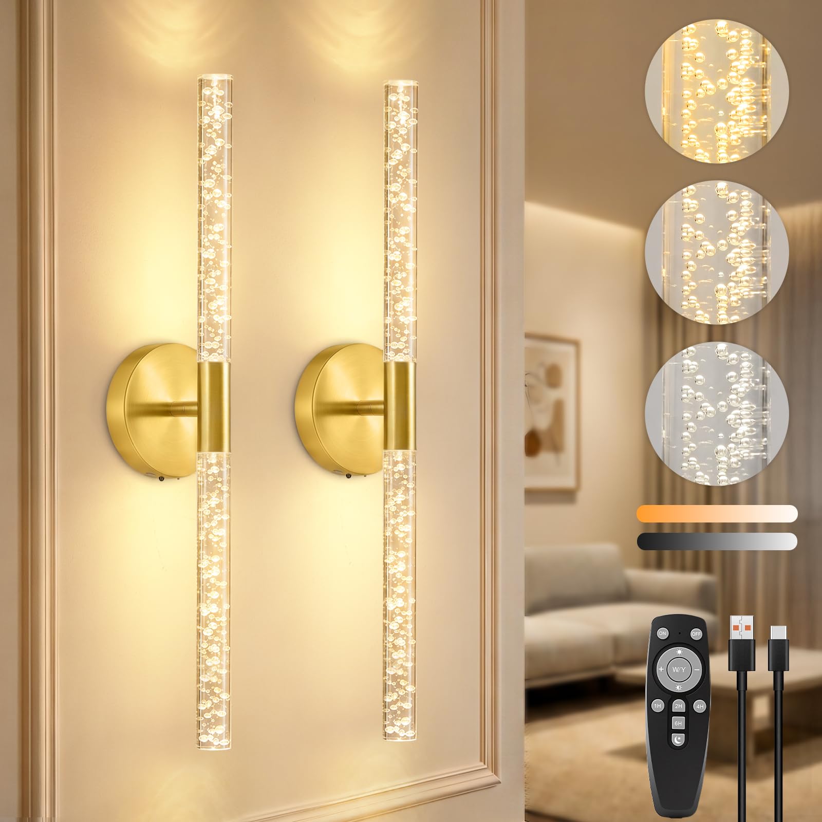 Ketom LED Wandleuchte Innen Akku Gold, Wandlampe Innen Dimmbar, 2 Stück | Akku Wandlampe mit Fernbedienung und Timer, 3 Farbtemperaturen, Drehbar Lampe Wand Aufladbar, Wandbeleuchtung Schlafzimmer