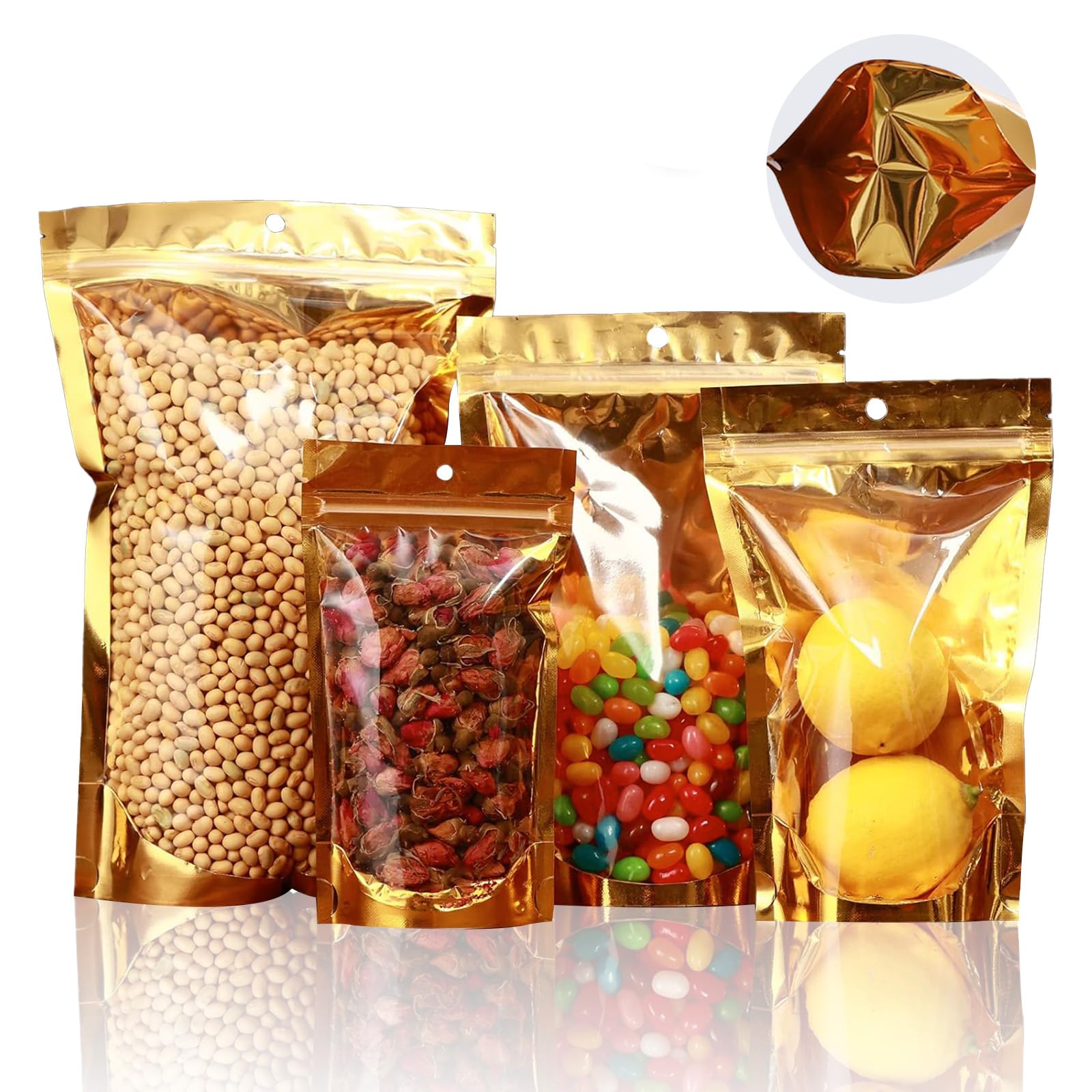 100 Pack Resealable Mylar Bags with Window for Food Storage,Stand Up Smell Proof Bags,Pouch Food Packaging Heat Seal Bags for Candy,Jewelry, Foil,