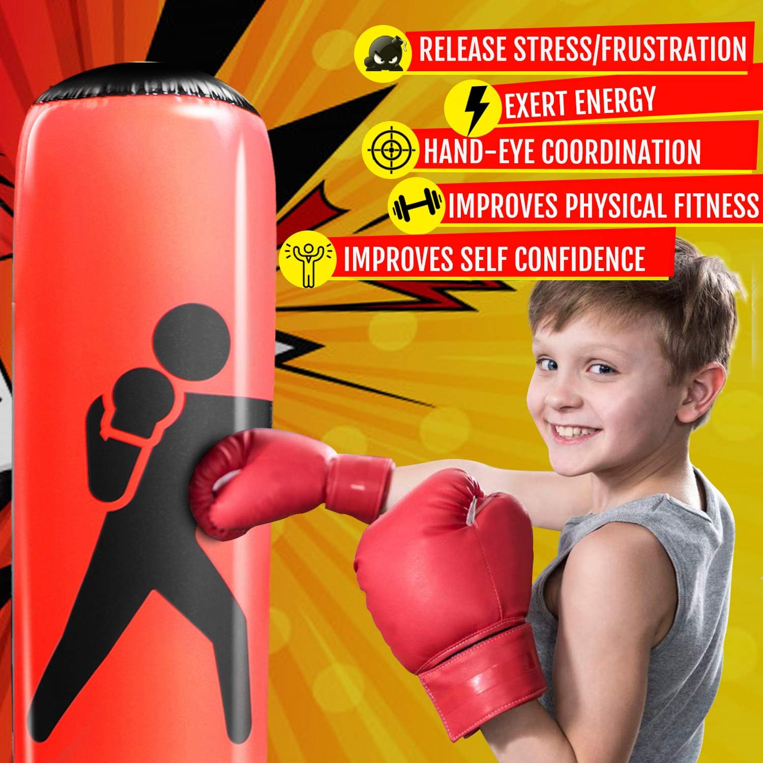 Novelty Place Inflatable Punching Bag for Kids - Free Standing Boxing Bag immediate Bounce Back for Practicing Karate, Taekwondo, Boxing, MMA- Bop Bag Toys for Fitness & Stress Relief : Sports & Outdoors