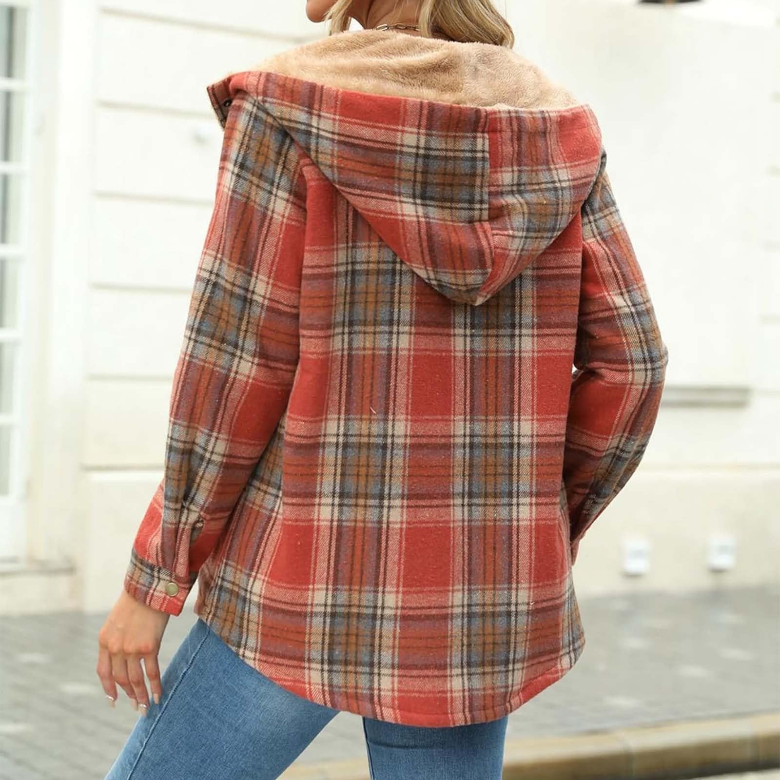 Generisch Damska koszula flanelowa z wzorem w kratkę i kapturem, ciepła kurtka z podszewką polarową z kieszeniami, przytulna bluzka zimowa w stylu Lumberjack