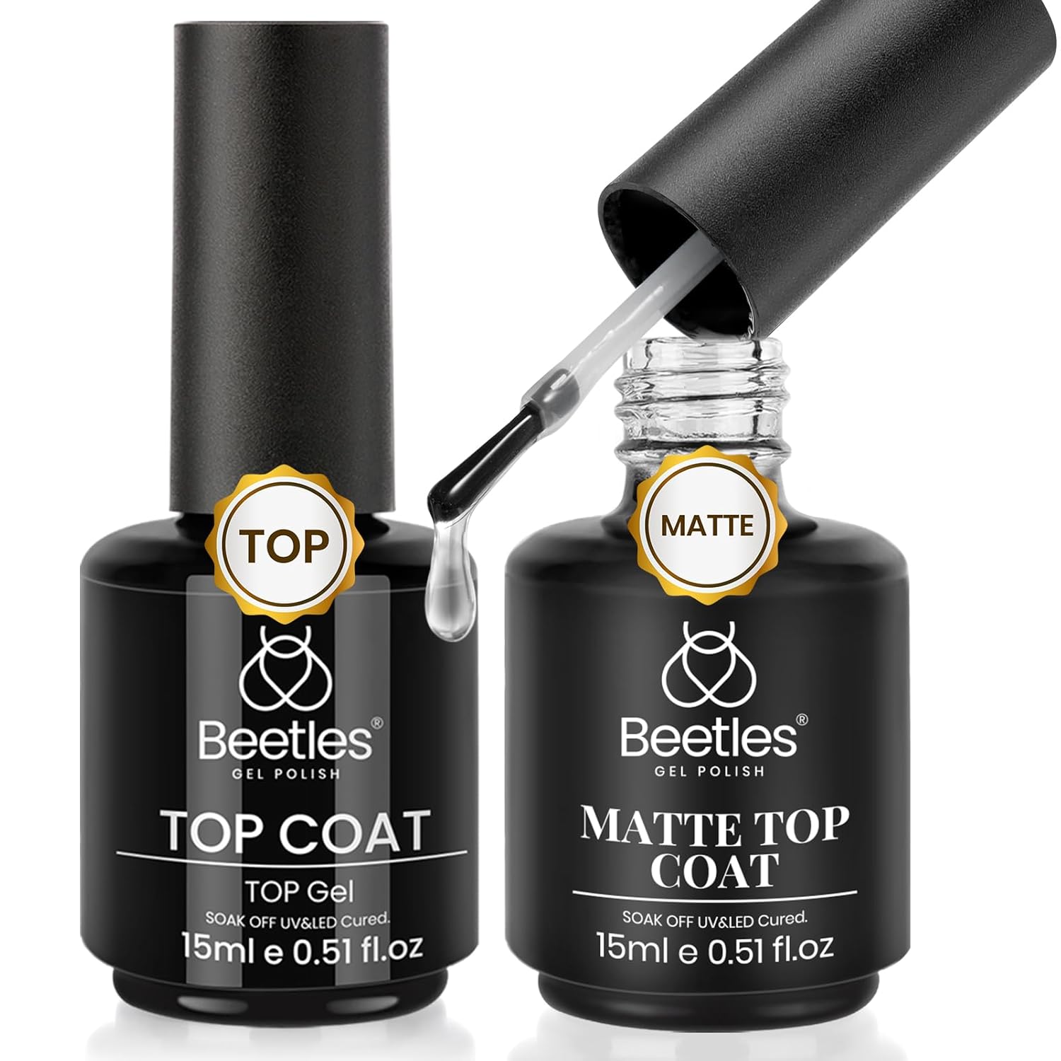 Beetles Matte Gel Top Coat No Wipe Glossy Top Coat Set 2Pcs 15ml Shiny Long-Lasting Clear Gel Nail